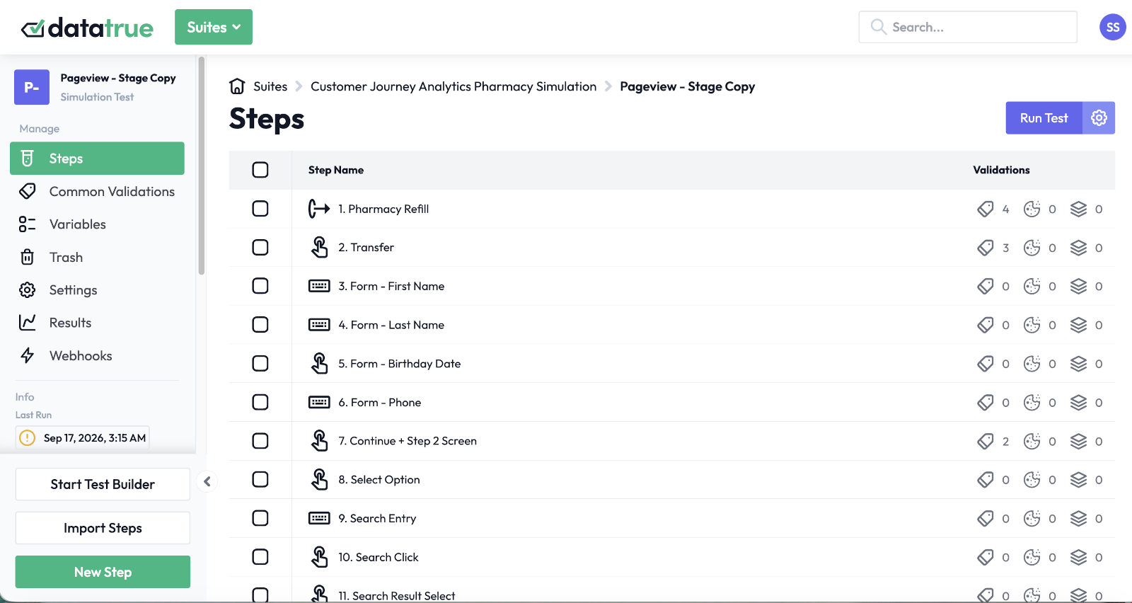 DataTrue customer journey simulation of a multi-step pharmacy refill flow, including a form step