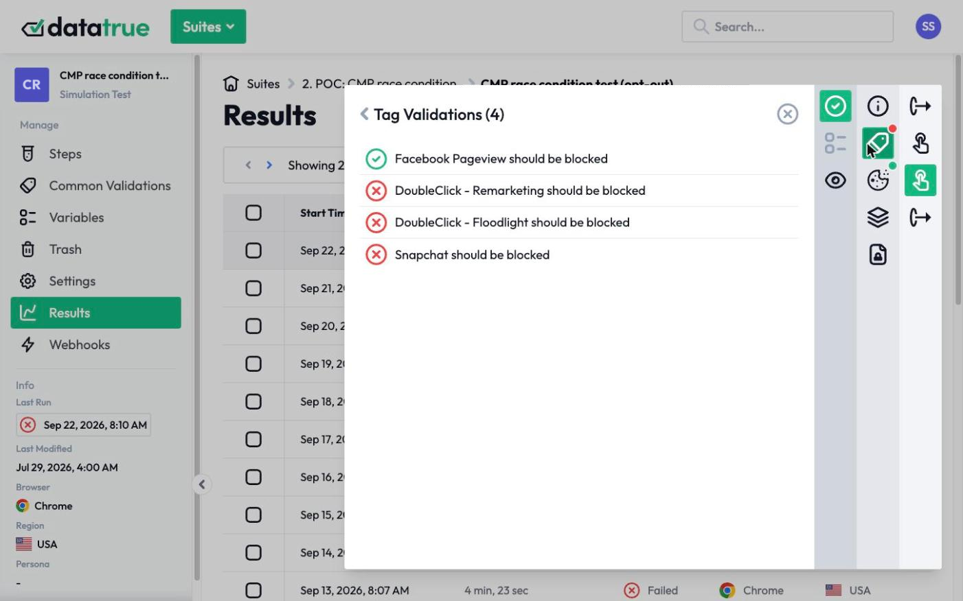 A DataTrue opt-out consent test listing the tags that should be blocked, with pass or fail for each