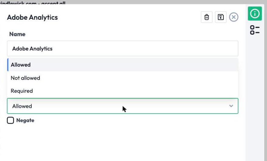 Editing a tag policy rule in DataTrue: Adobe Analytics set to Allowed, with Not allowed and Required as the other options.
