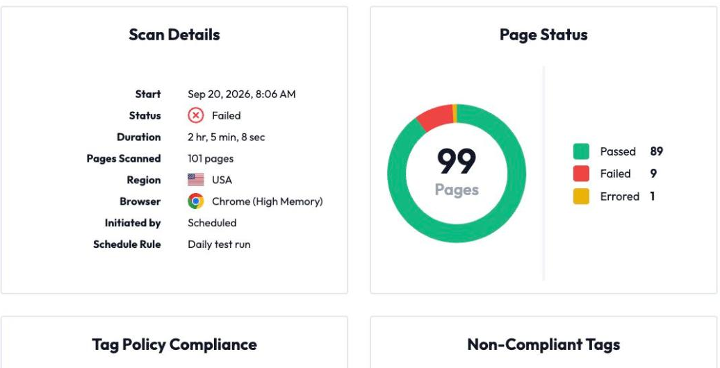 A DataTrue coverage scan overview: 101 pages scanned from the USA in Chrome, 89 passed, 9 failed and 1 errored, with tag policy compliance below.