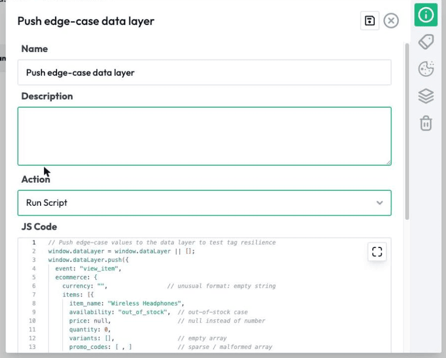 A DataTrue test step that pushes edge-case values to the data layer, such as an empty currency, a null price and an empty array.