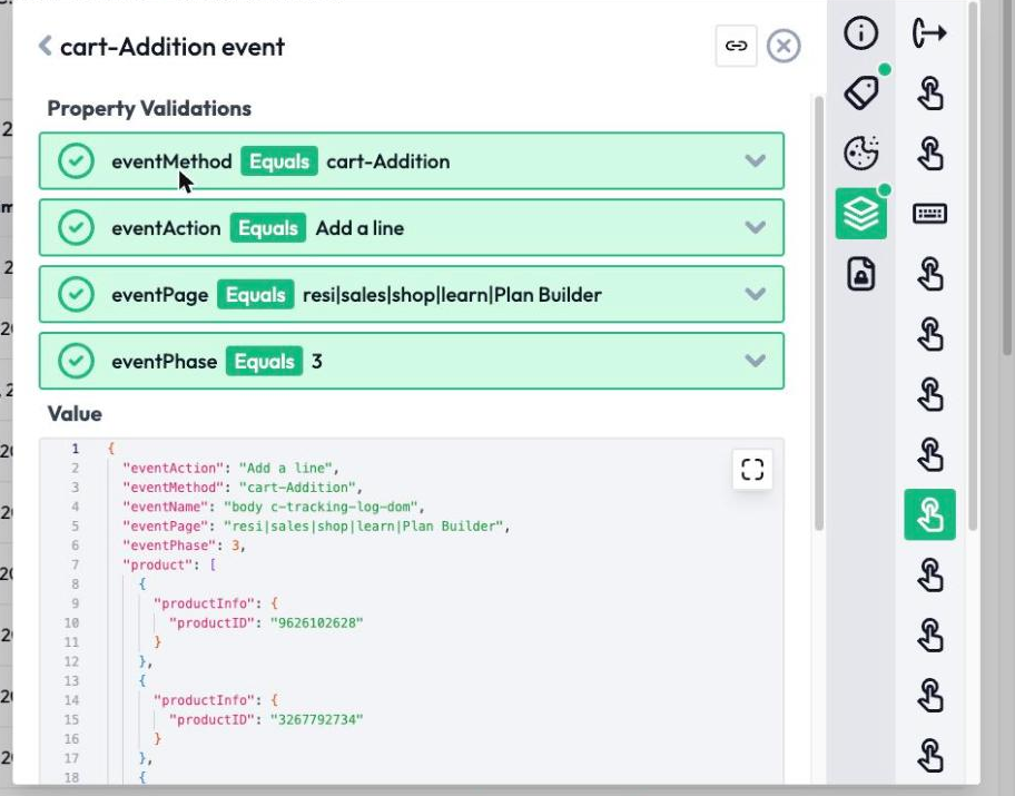 DataTrue validating a cart-addition data layer event: the event method, action, page and phase each match their expected values.