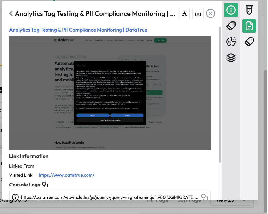 A DataTrue email test result showing the landing page an email link opened, with the link details and console logs.