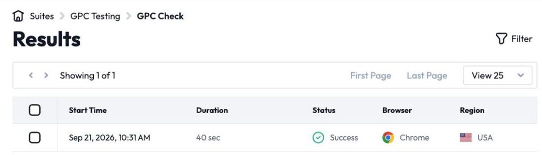DataTrue results for a GPC check: a run from the USA in Chrome, marked Success.