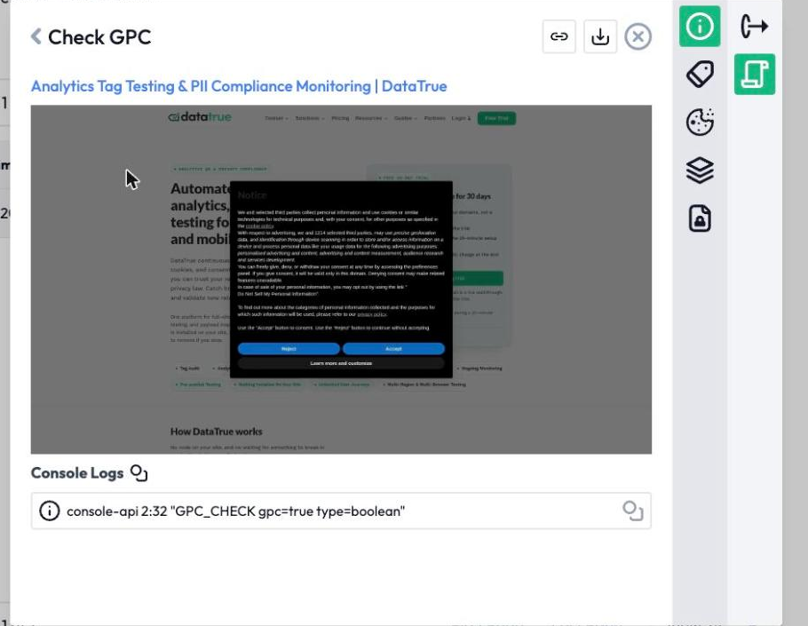 A DataTrue GPC check: the test loaded the site with the GPC signal on, and the console log confirms gpc=true.