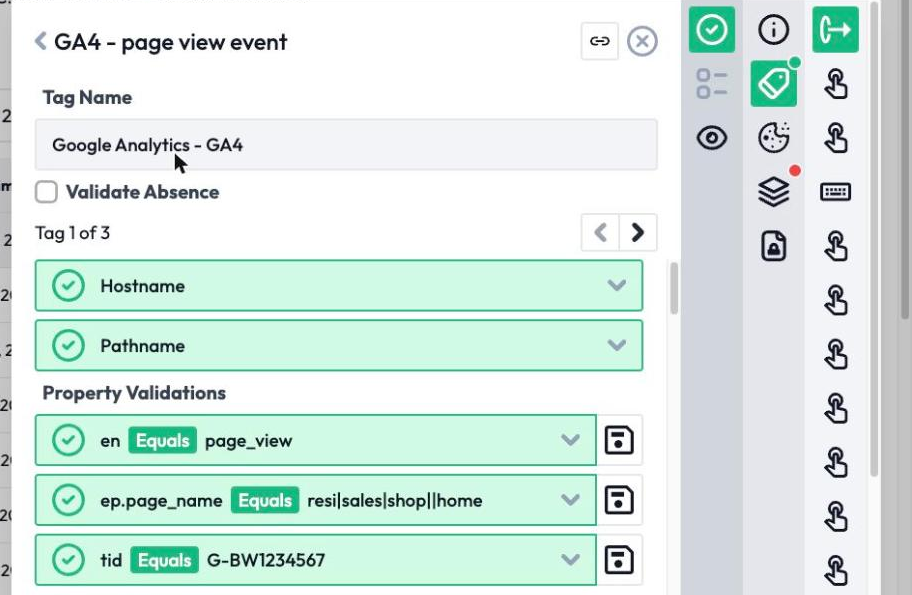 A DataTrue journey test reading what a GA4 page view sent: the event name, page name and measurement ID each pass their checks.