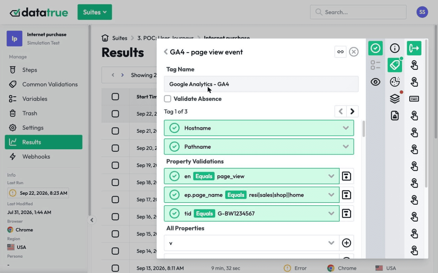 A DataTrue journey step reading what a GA4 page view sent, with each property checked