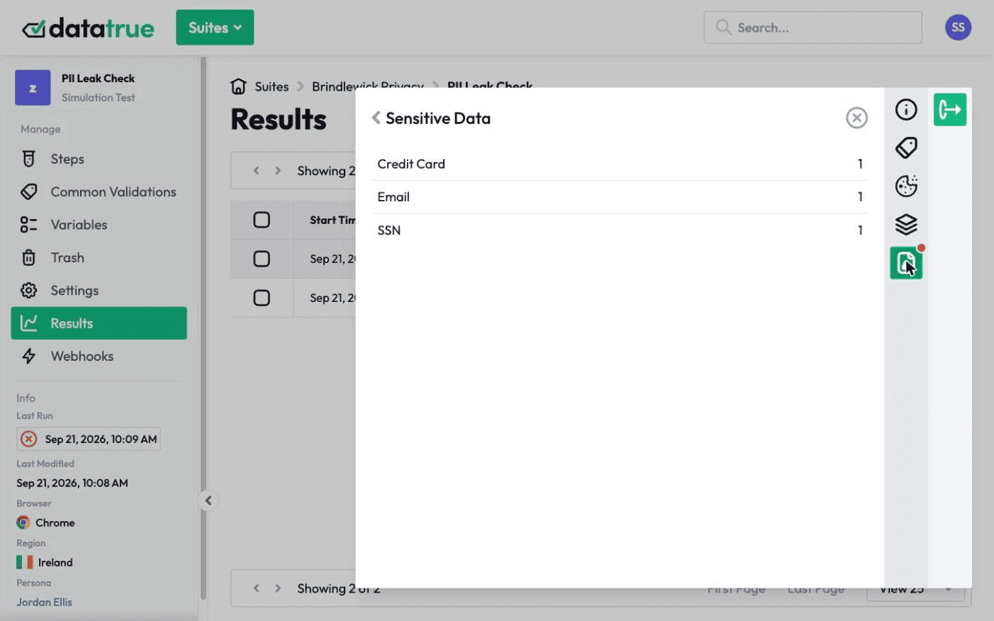 DataTrue flagging sensitive data found in a tag request: a credit card number, an email address and an SSN from a test persona