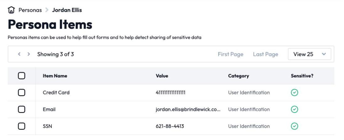 A DataTrue test persona with fictitious sensitive items, a credit card number, an email address and an SSN, each marked sensitive.