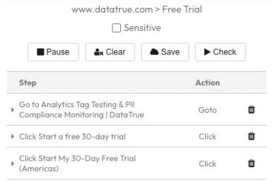 The DataTrue test builder browser extension recording each step as a user clicks through a site, with no code.