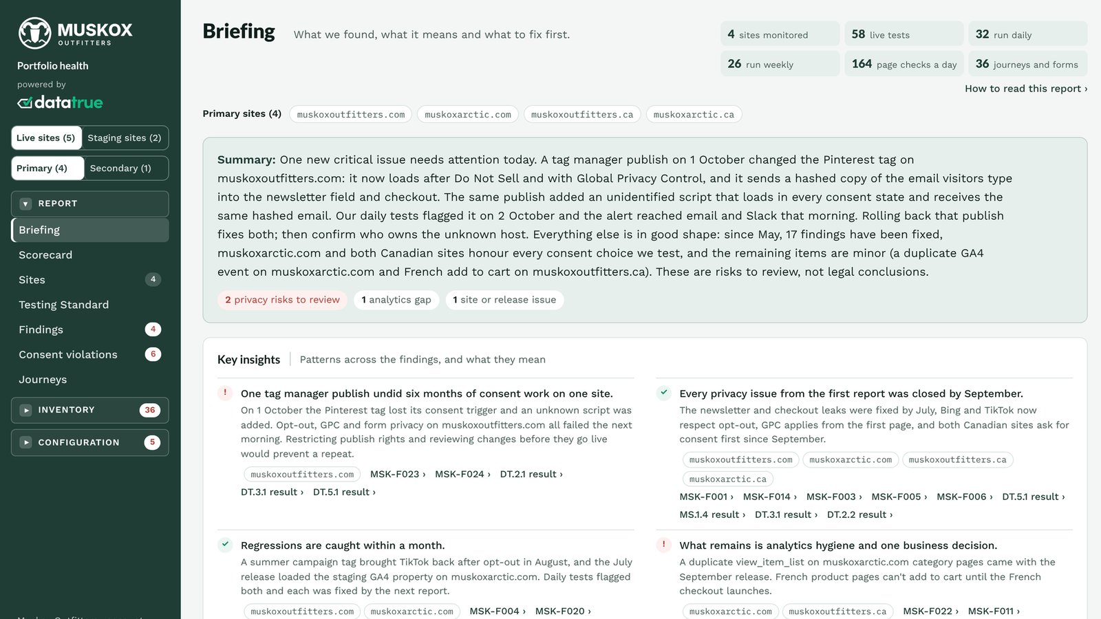 Example DataTrue briefing report for a fictional retailer, with a summary of new issues and key insights across four sites