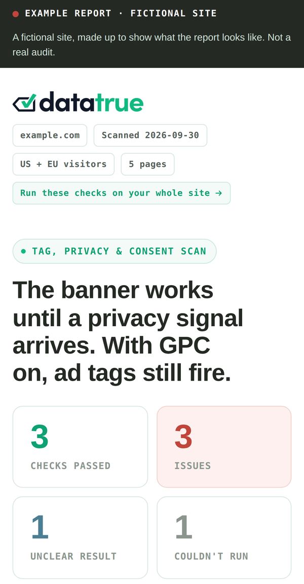 Example report: the top of a fictional example.com audit report on a phone, showing the headline finding and totals of 3 checks passed, 3 issues, 1 unclear and 1 couldn't run